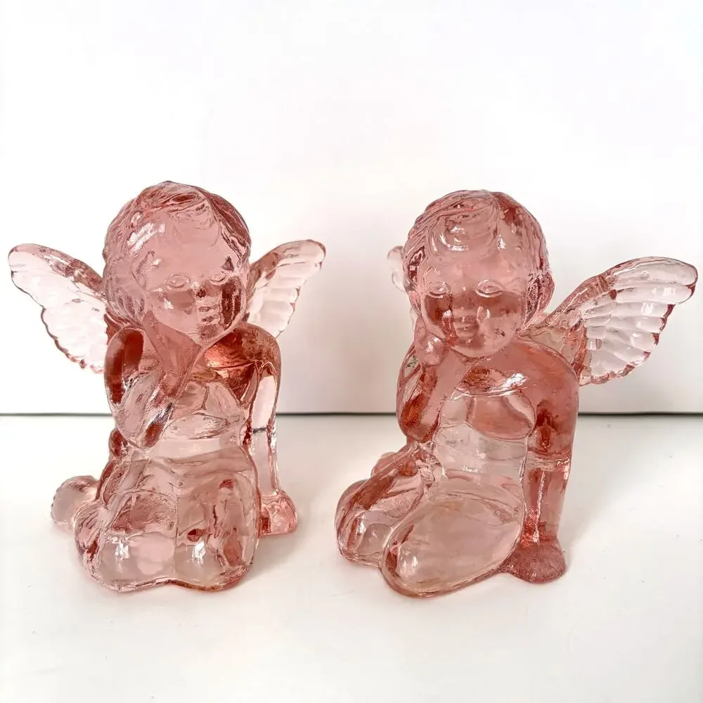 Vintage 1960s Pink Pressed Glass Cherub Angel Candle Holders Set of 2